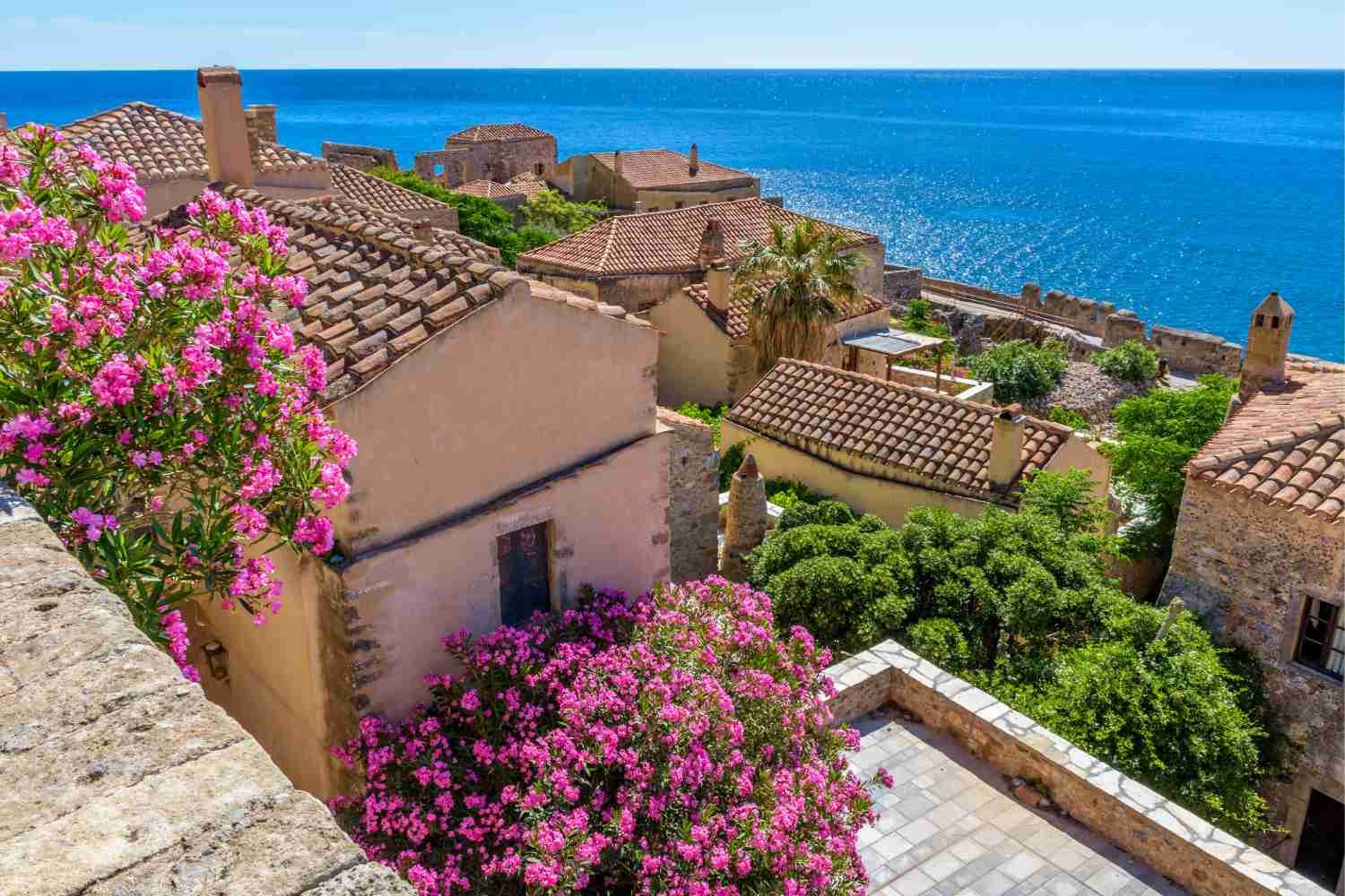 Monemvasia houses flowers Peloponnese